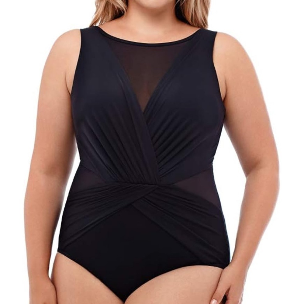NEW Black Mesh Panel One-Piece Miraclesuit with Ruched Design